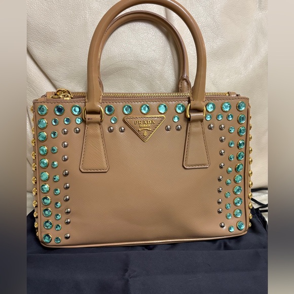 Prada Beige Saffiano Satchel with Turquoise Crystal Studs - Picture 3 of 16